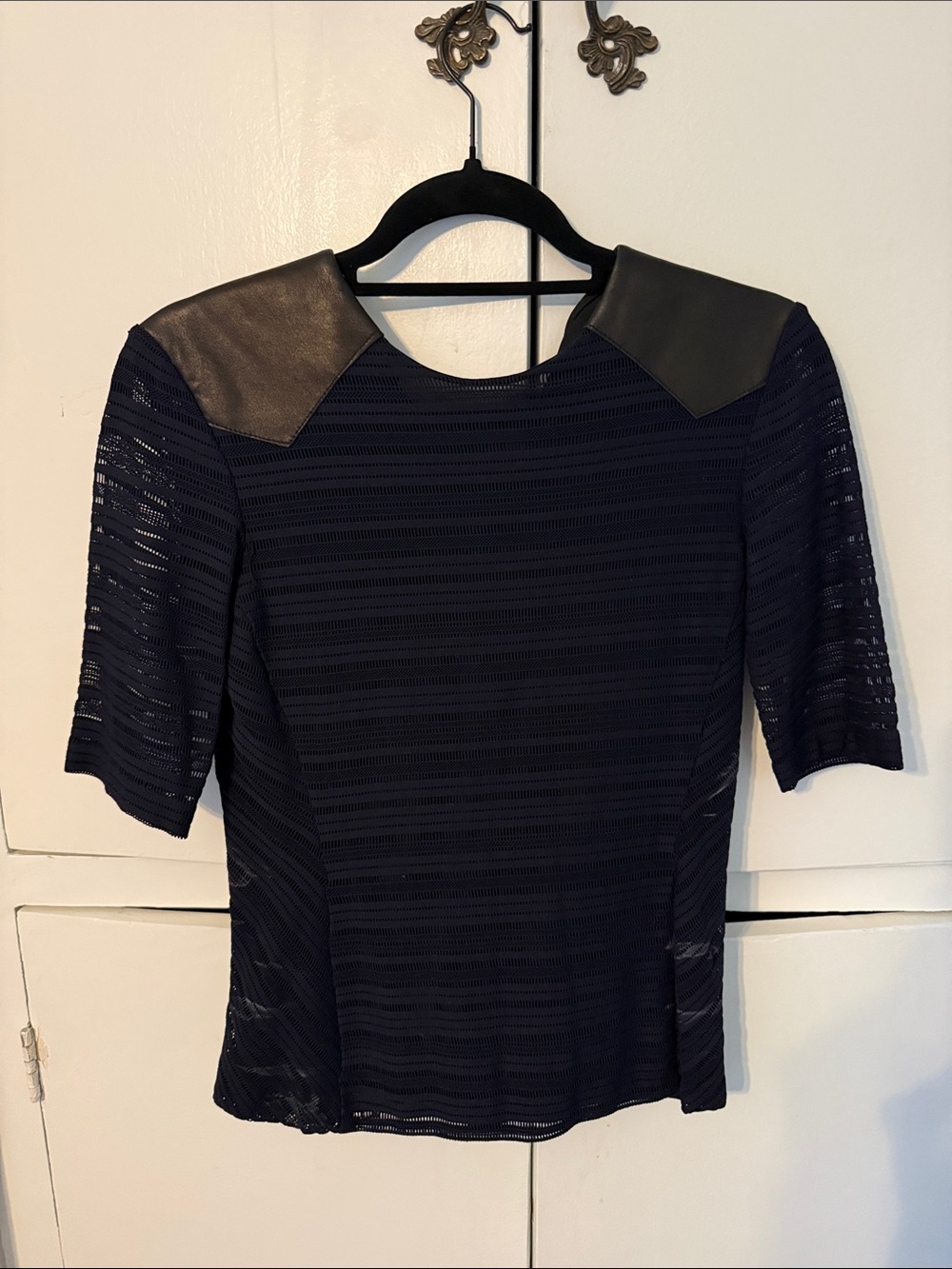 rag & bone Black Short-Sleeve Lace Top with Faux Leather Shoulders